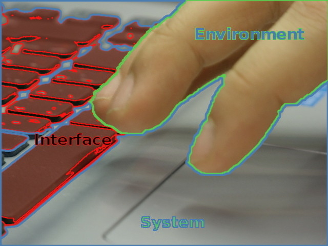 Hands typing on keyboard overlayed with interface.
